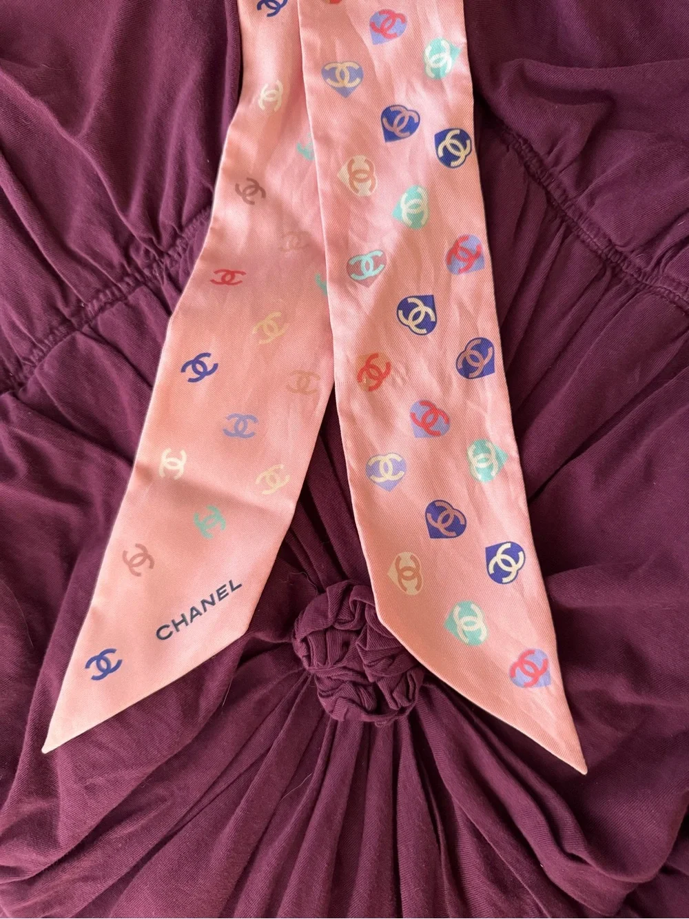 CHANEL Pink Multicolor Logo Silk Twilly Scarf